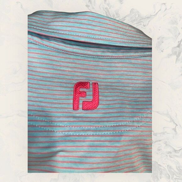 FJ Footjoy Shirt Blue Pink Strip Athletic Fit Golf Polo Short Sleeve Mens XL - Picture 5 of 5